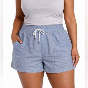 Athleta Cabo Linen 4” Shorts Blue Drawstring Pockets Lightweight Summer Plus 18